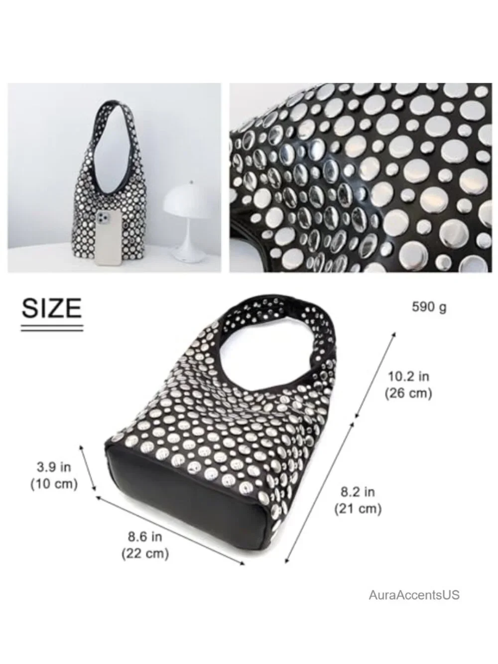 Hobo Shoulder Bag Punk Studded Top Handle Tote Handbag for Women